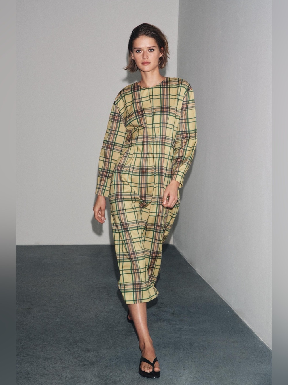 Zara Cotton Yellow Plaid Midi Dress